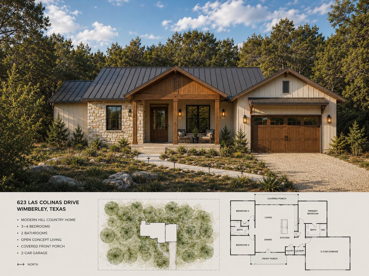 A charming country home features a covered porch 
