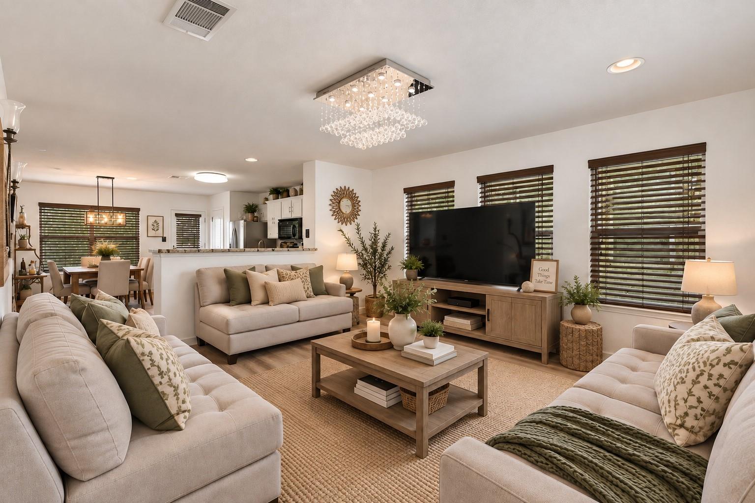 Recessed lighting and a tiered chandelier illumin
