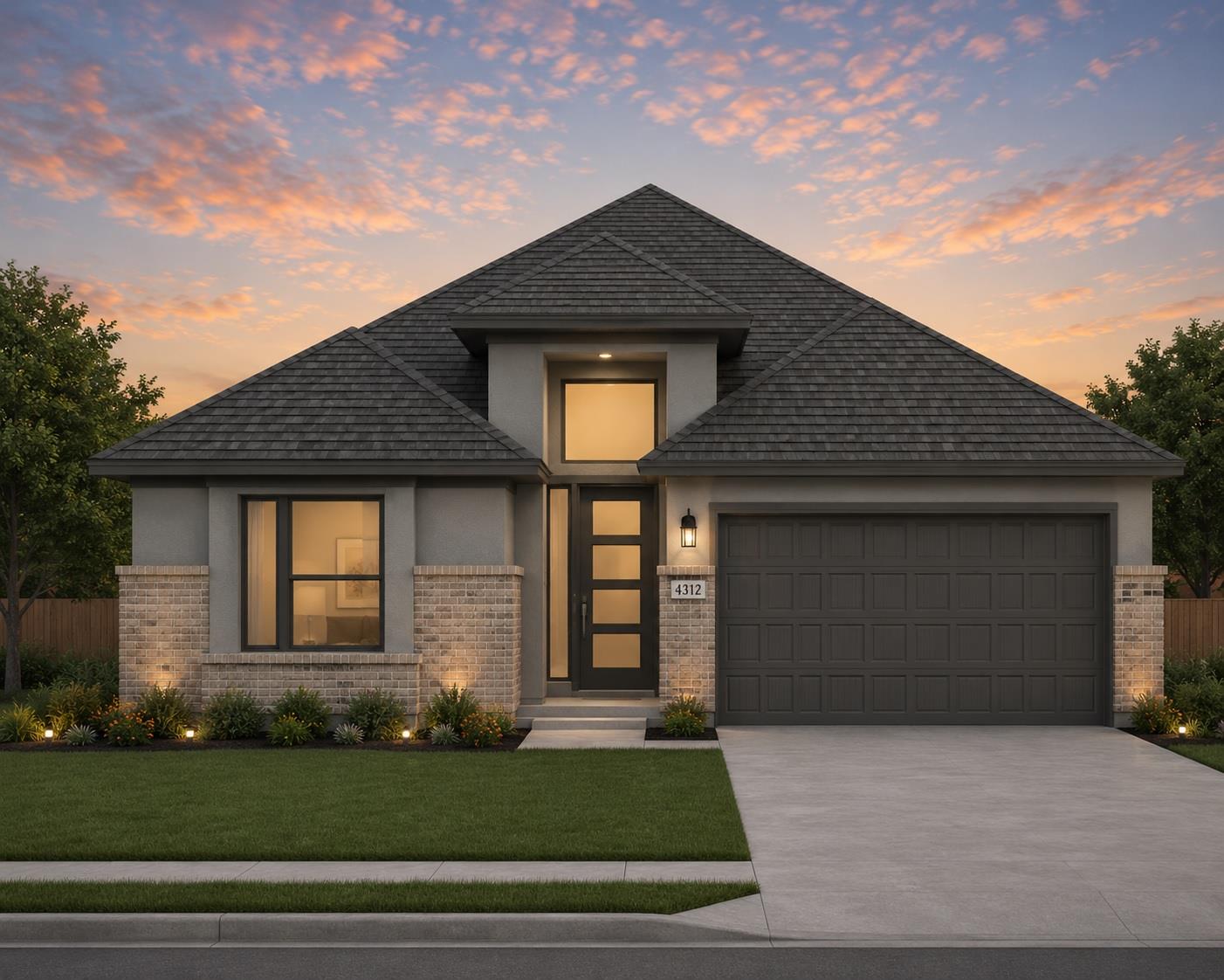 A striking modern facade features a dark roofline