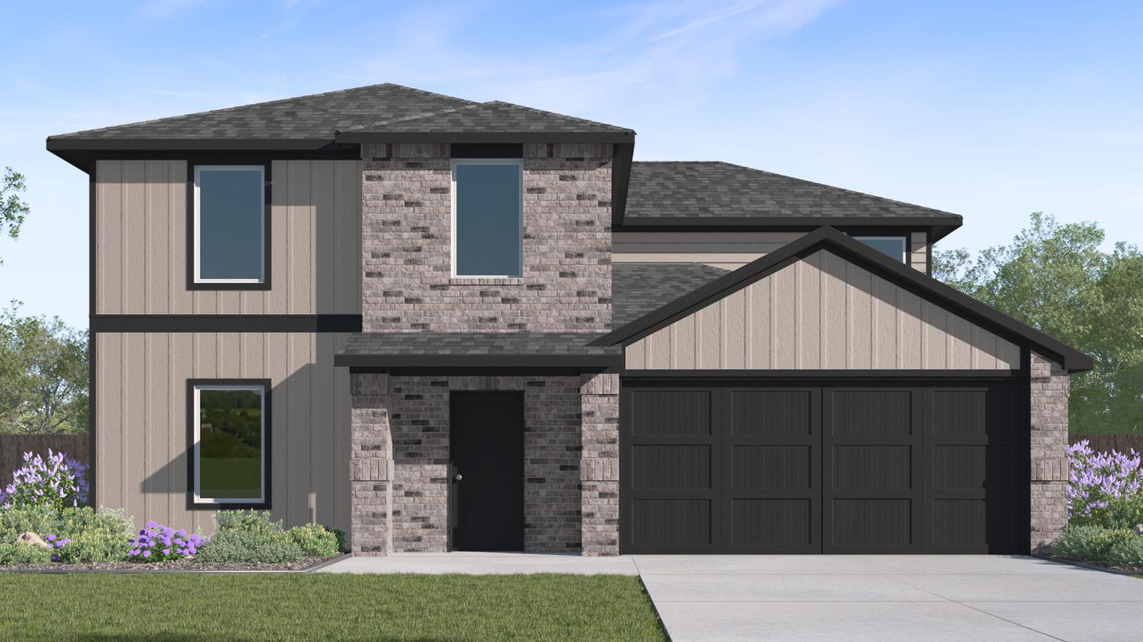 A striking exterior combines brick and siding, sh