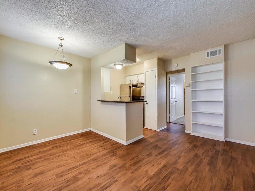 An open floorplan living area showcases rich hard