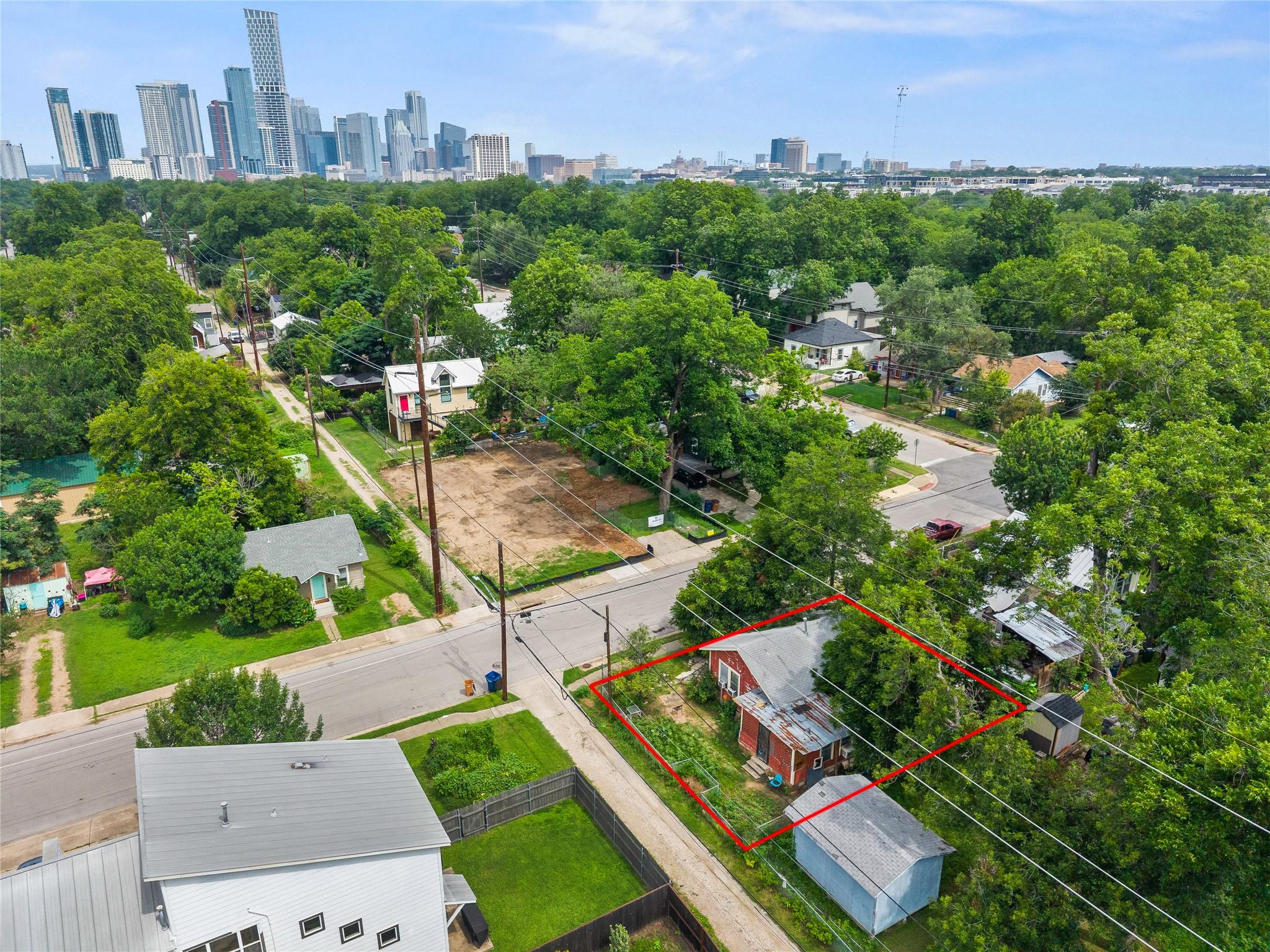 An aerial perspective reveals a prime lot, framed