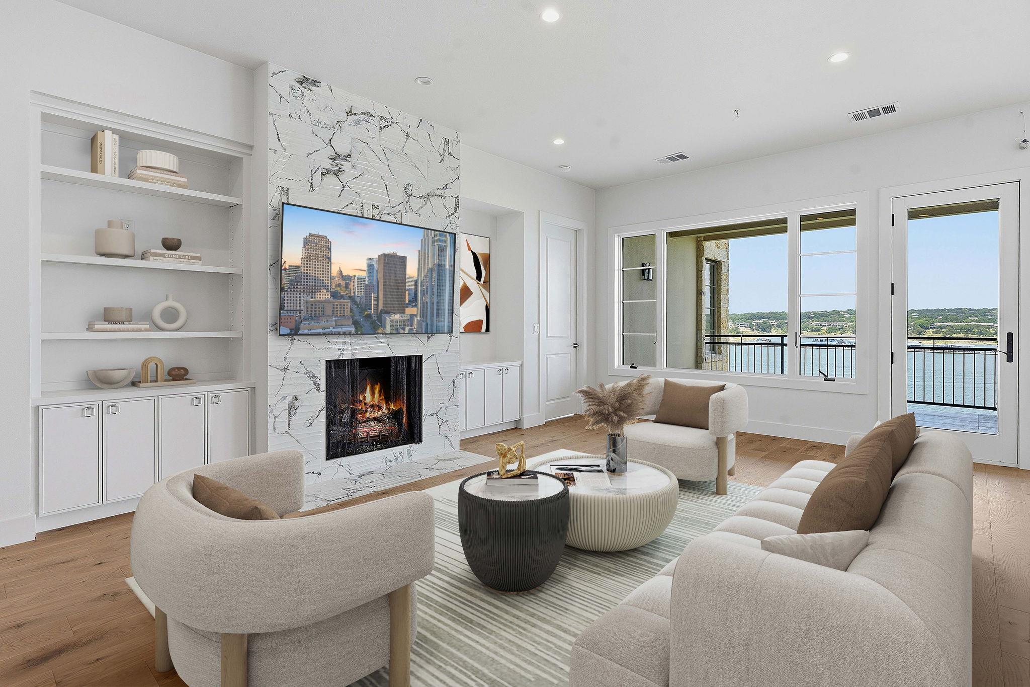 A refined living area boasts a modern marble fire