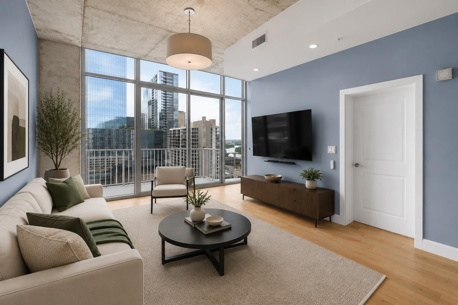 Floor-to-ceiling windows offer captivating citysc