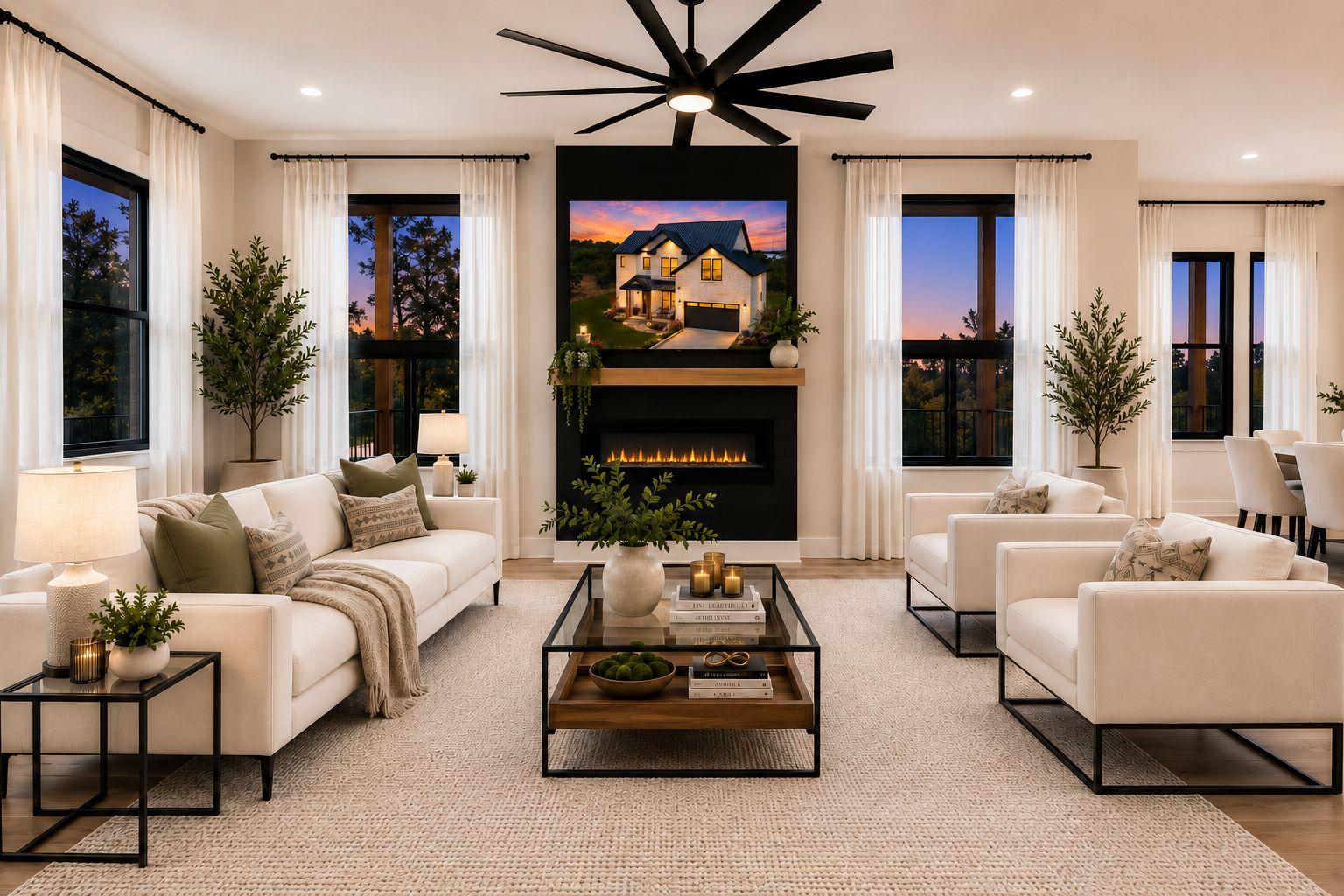 A striking black fireplace anchors this well-lit 