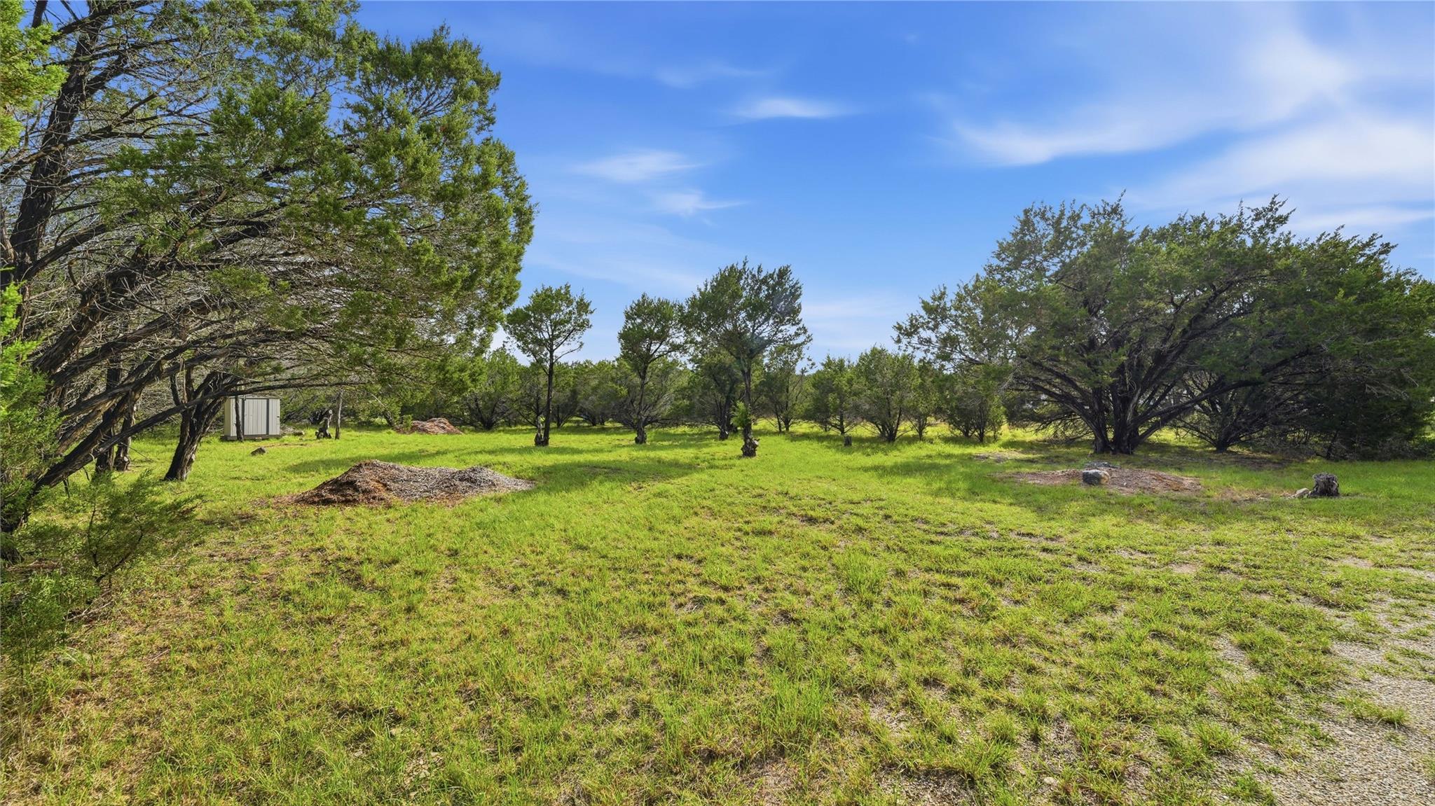 Mature trees and verdant fields create a pictures