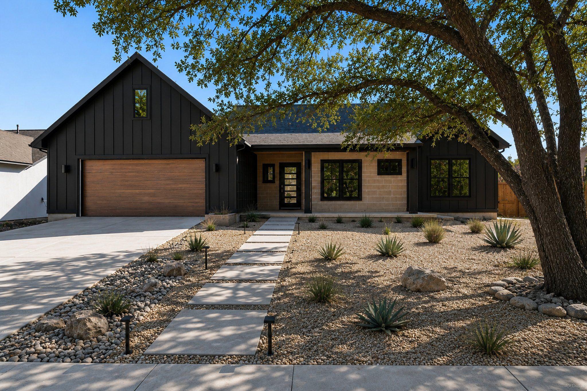 A modern exterior facade blends dark vertical sid