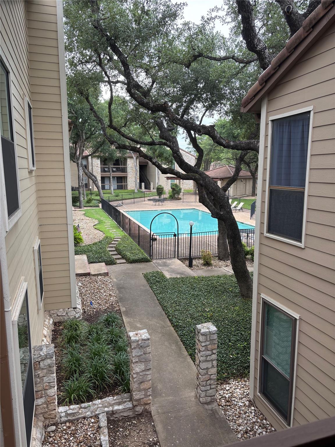 A tranquil community setting features a sparkling