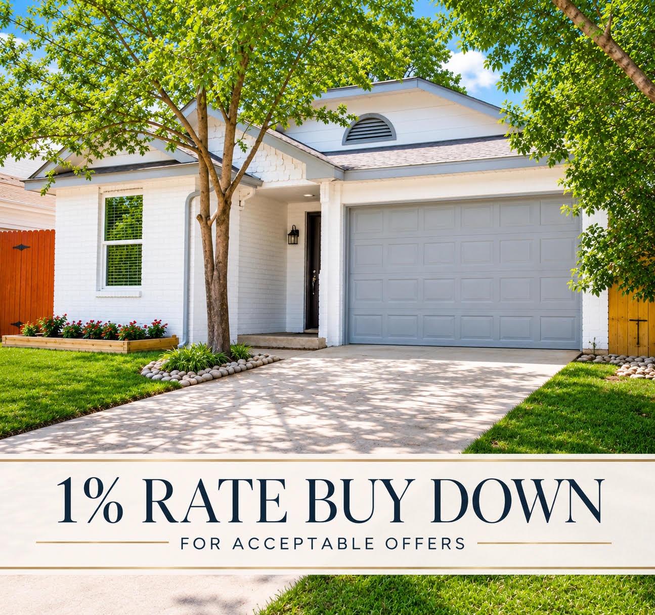 Mature trees shade a tidy front lawn leading to a