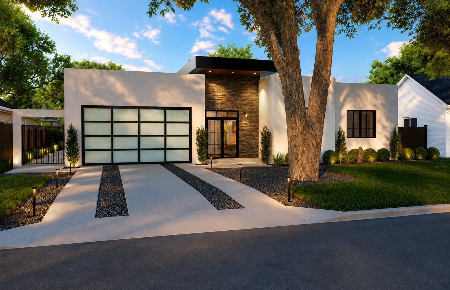 Modern facade with a unique driveway and integrat