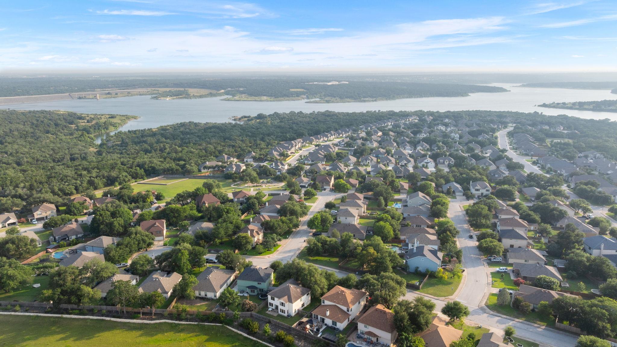 An aerial perspective reveals a serene residentia