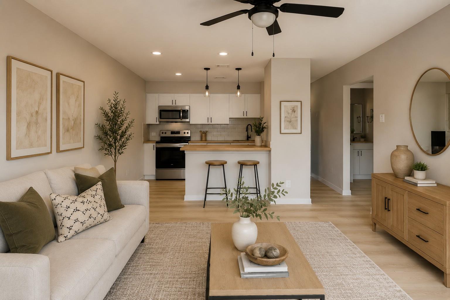 An inviting open-concept living area boasts light