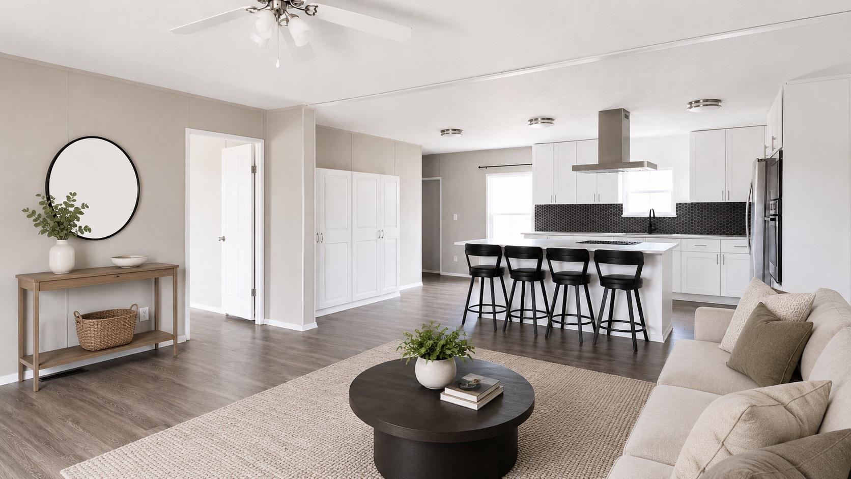 An open concept living area seamlessly blends int