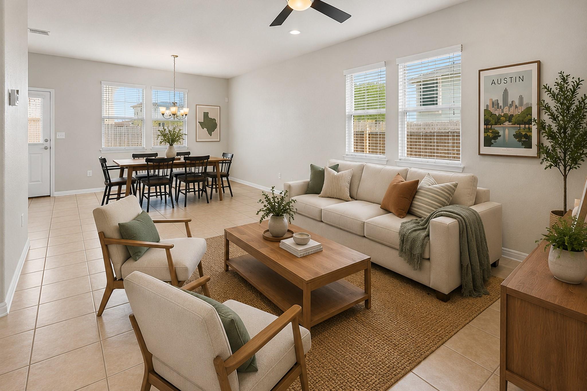 An inviting open-concept living and dining area w