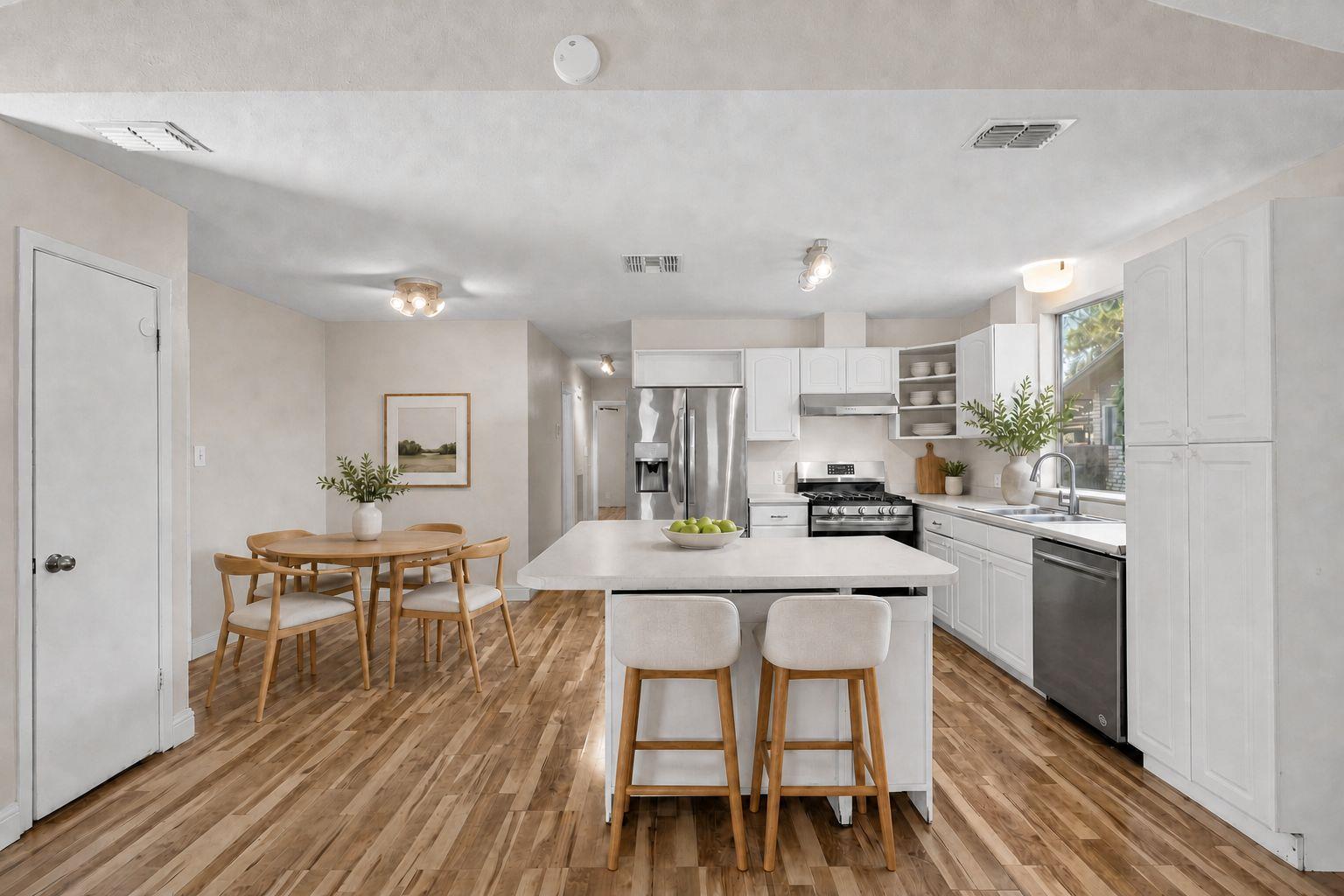 A streamlined open concept kitchen and dining spa