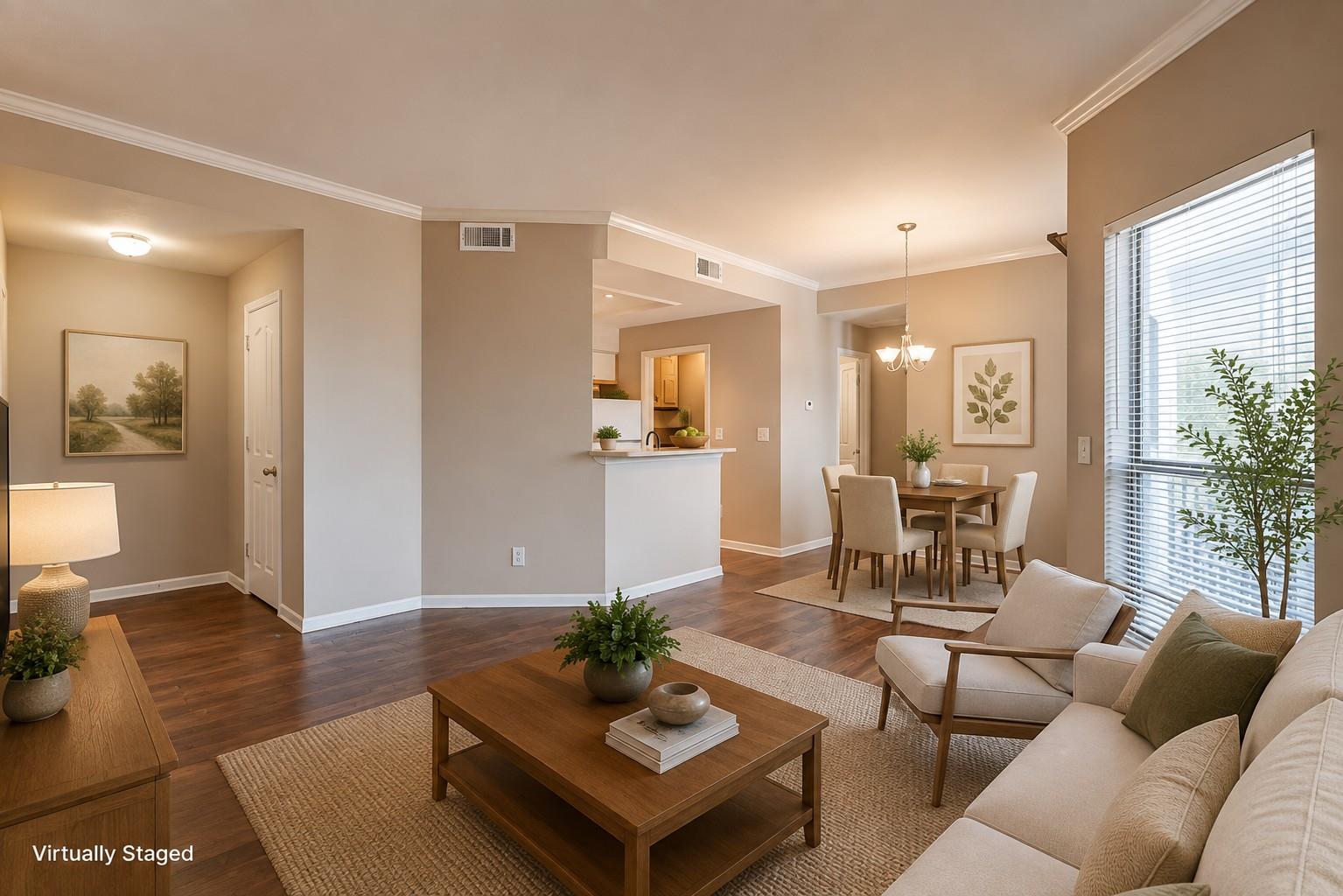 An inviting open-concept living area boasts rich 