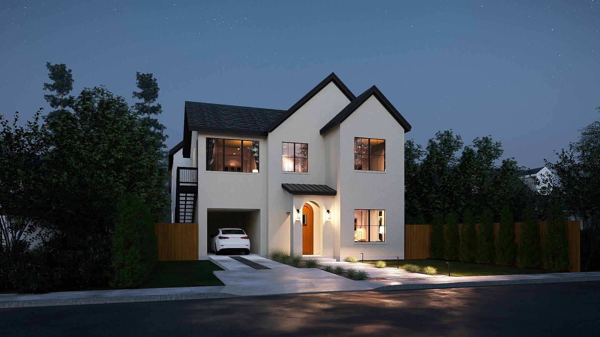 Elegant exterior lighting illuminates the invitin