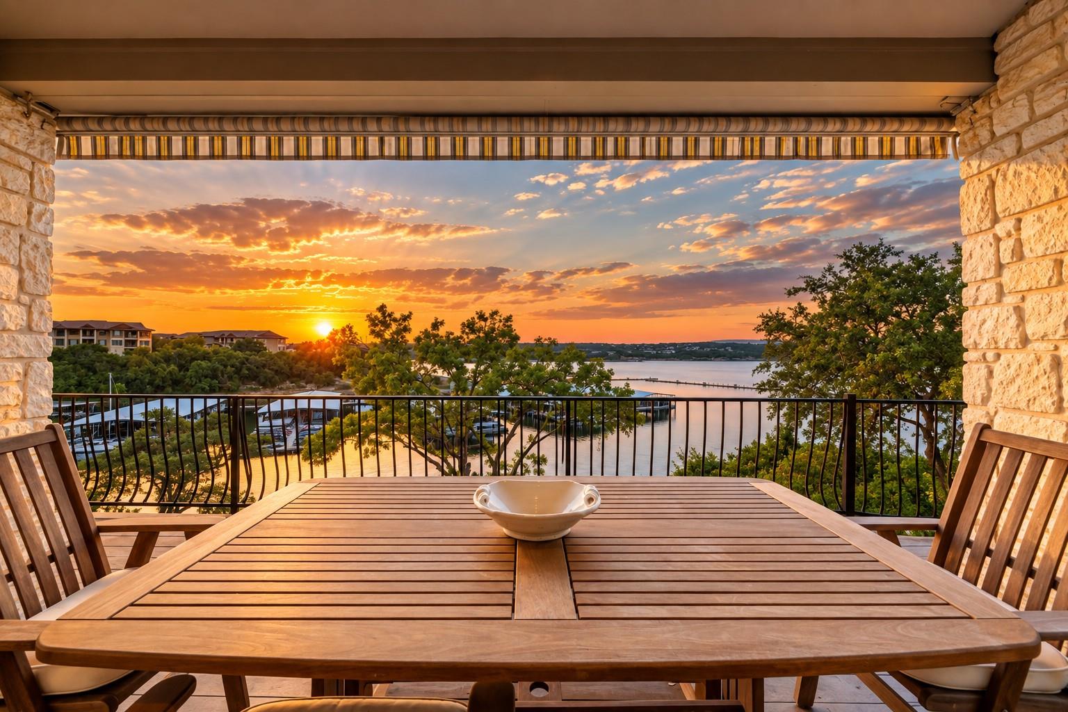Panoramic lake views unfold from a covered terrac