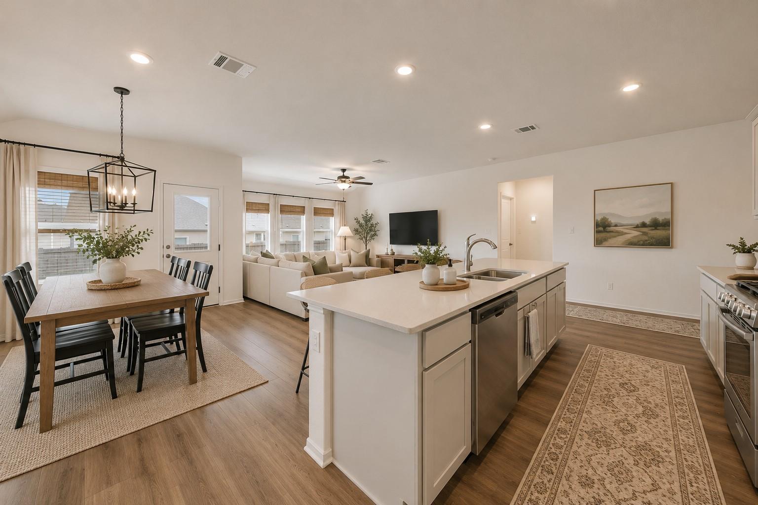 Recessed lighting highlights the seamless transit