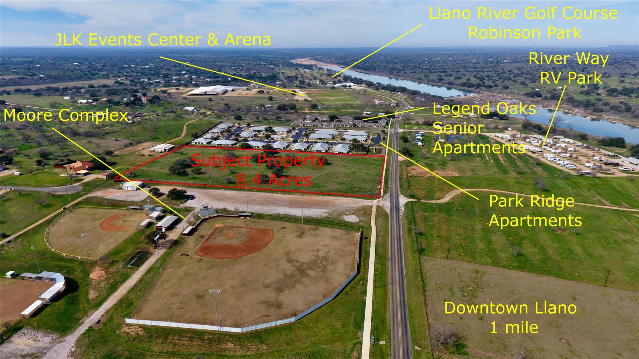 An aerial perspective reveals a prime development