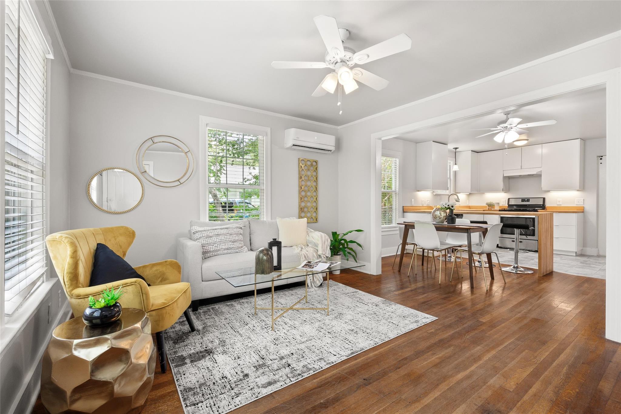 Hardwood floors flow through this welcoming livin