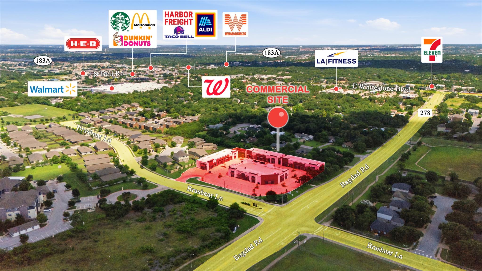 An aerial view highlights a commercial site's pri