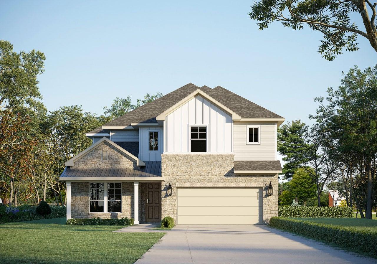 Crafted with varied textures of stone and siding,