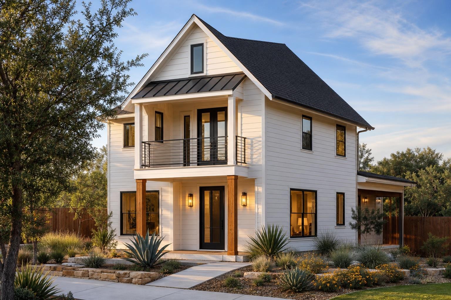 A striking modern farmhouse boasts a welcoming en