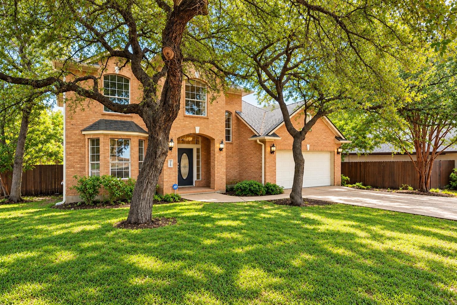 Mature trees shade the manicured lawn of this bri