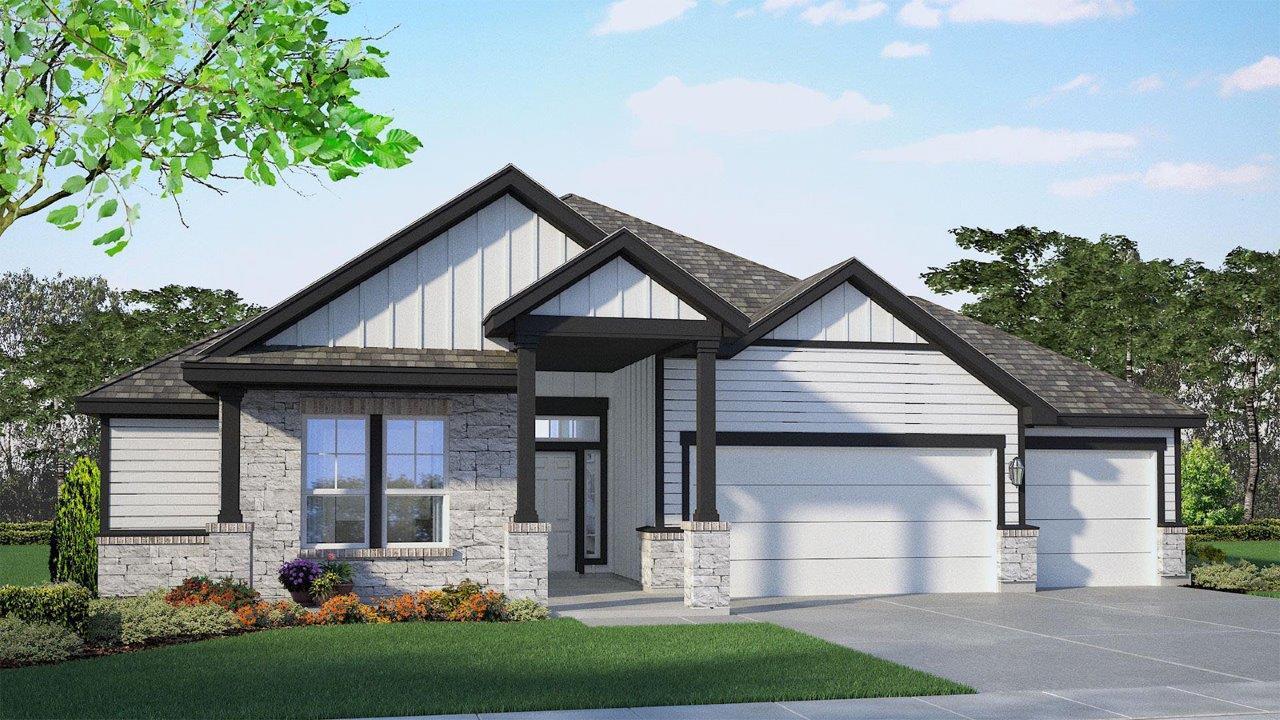A modern facade with striking dark trim and varie