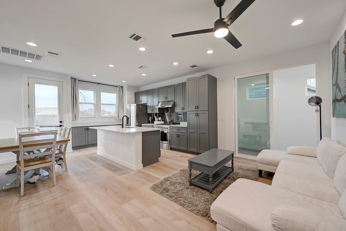 An open-concept living space with a contemporary 