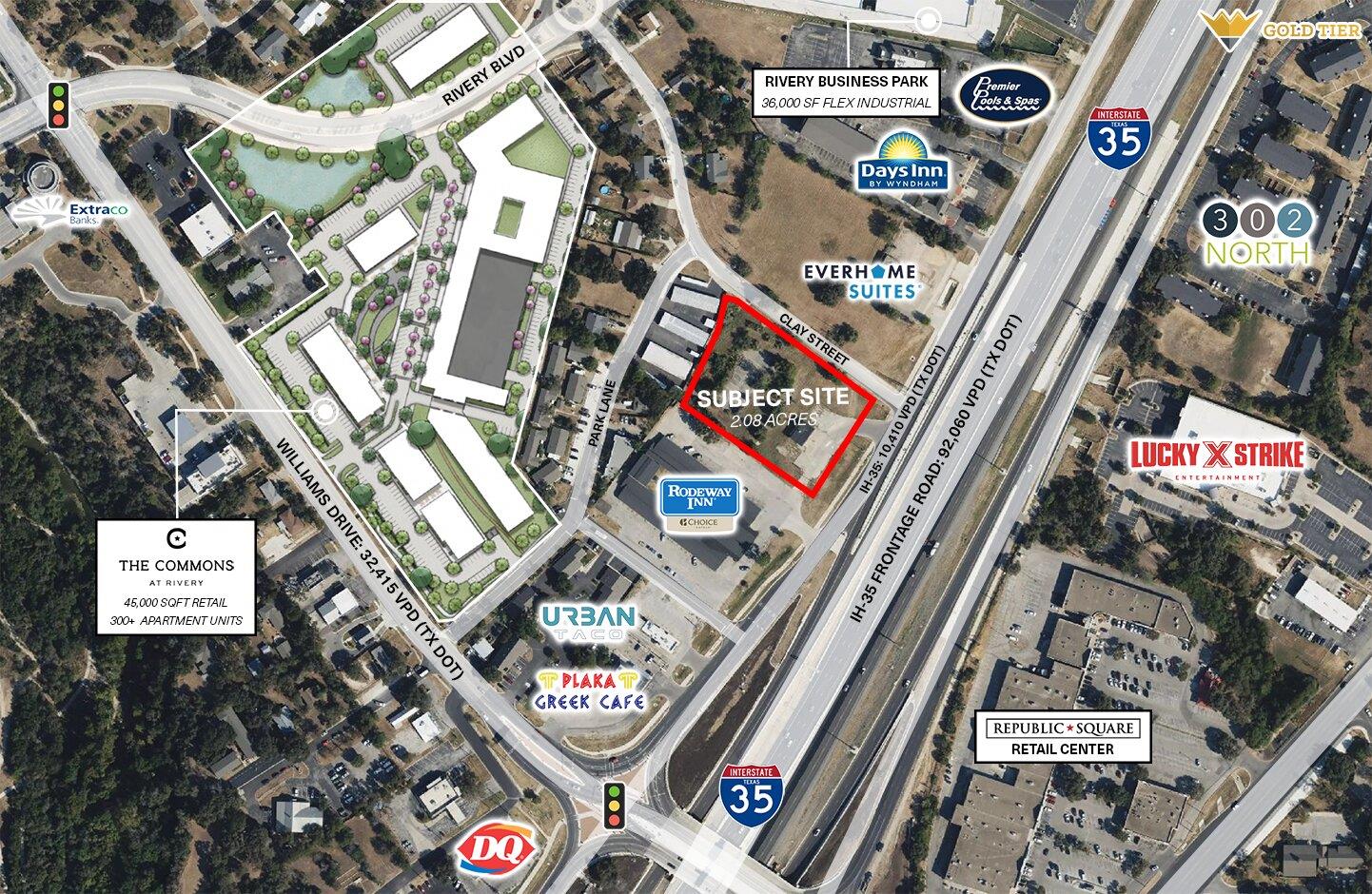 An overhead view highlights a prime 2.08-acre dev