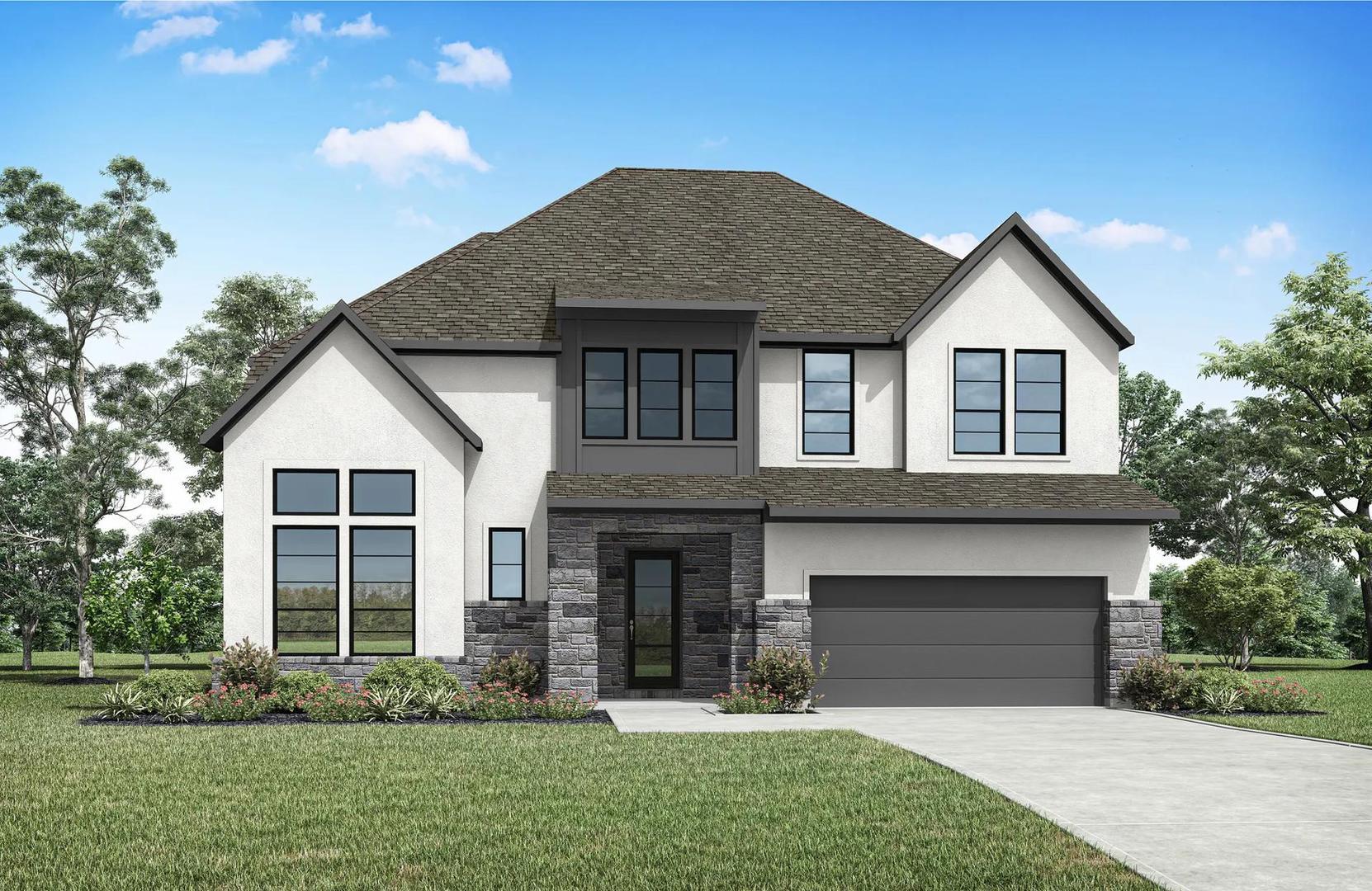 Modern facade with sleek lines, stone accents, an