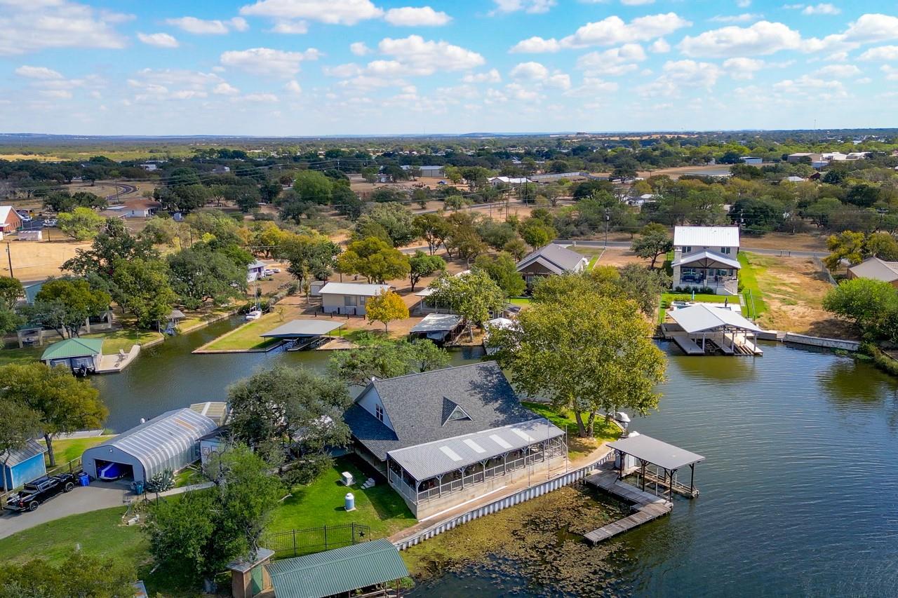 An aerial perspective reveals lakefront living wi