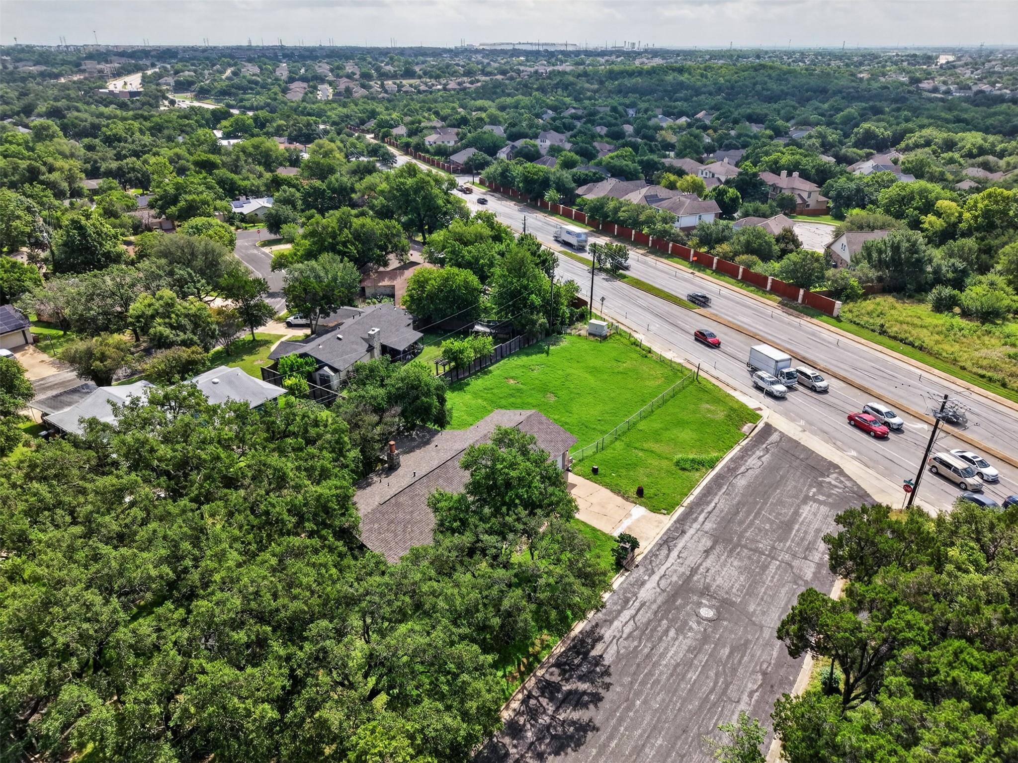 An aerial perspective reveals a vibrant neighborh