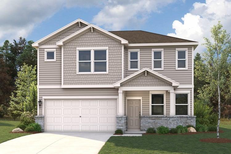 A classic two-story home with a welcoming stone a