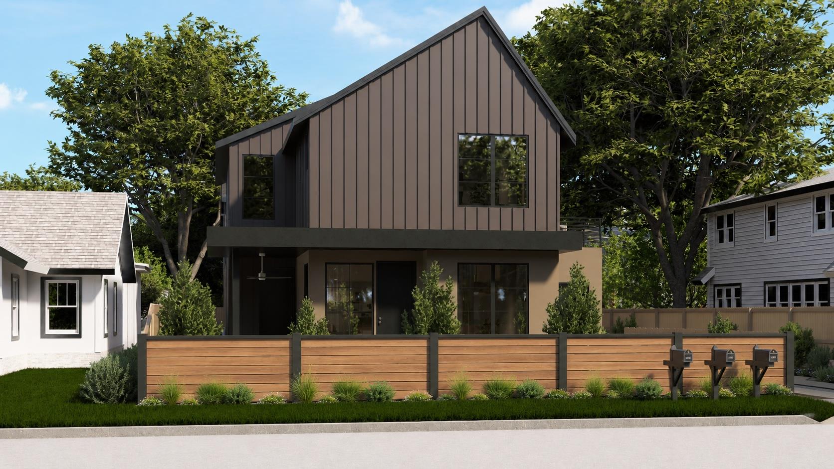A modern two-story home with a distinctive roofli