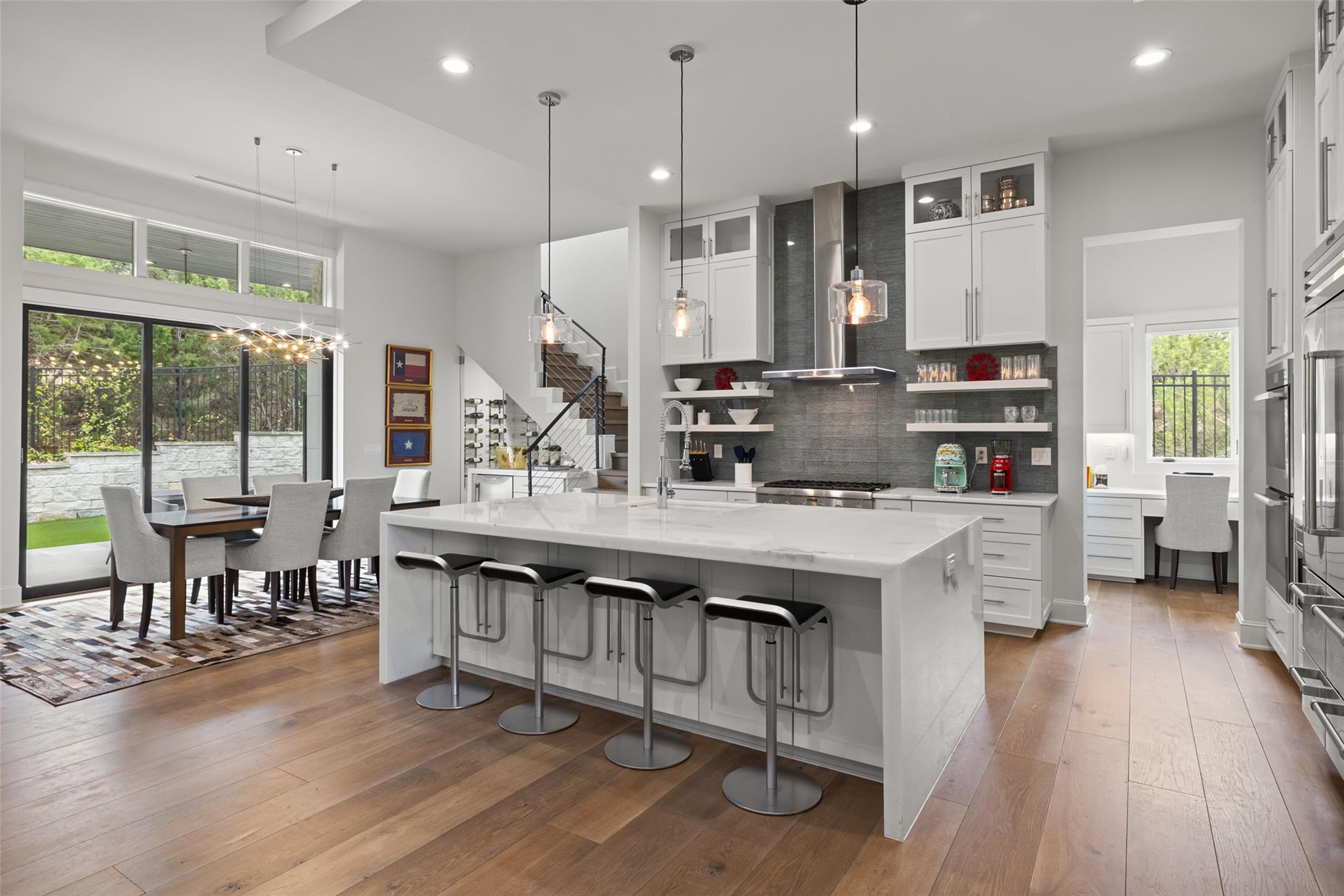 An open-concept living space integrates a well-ap