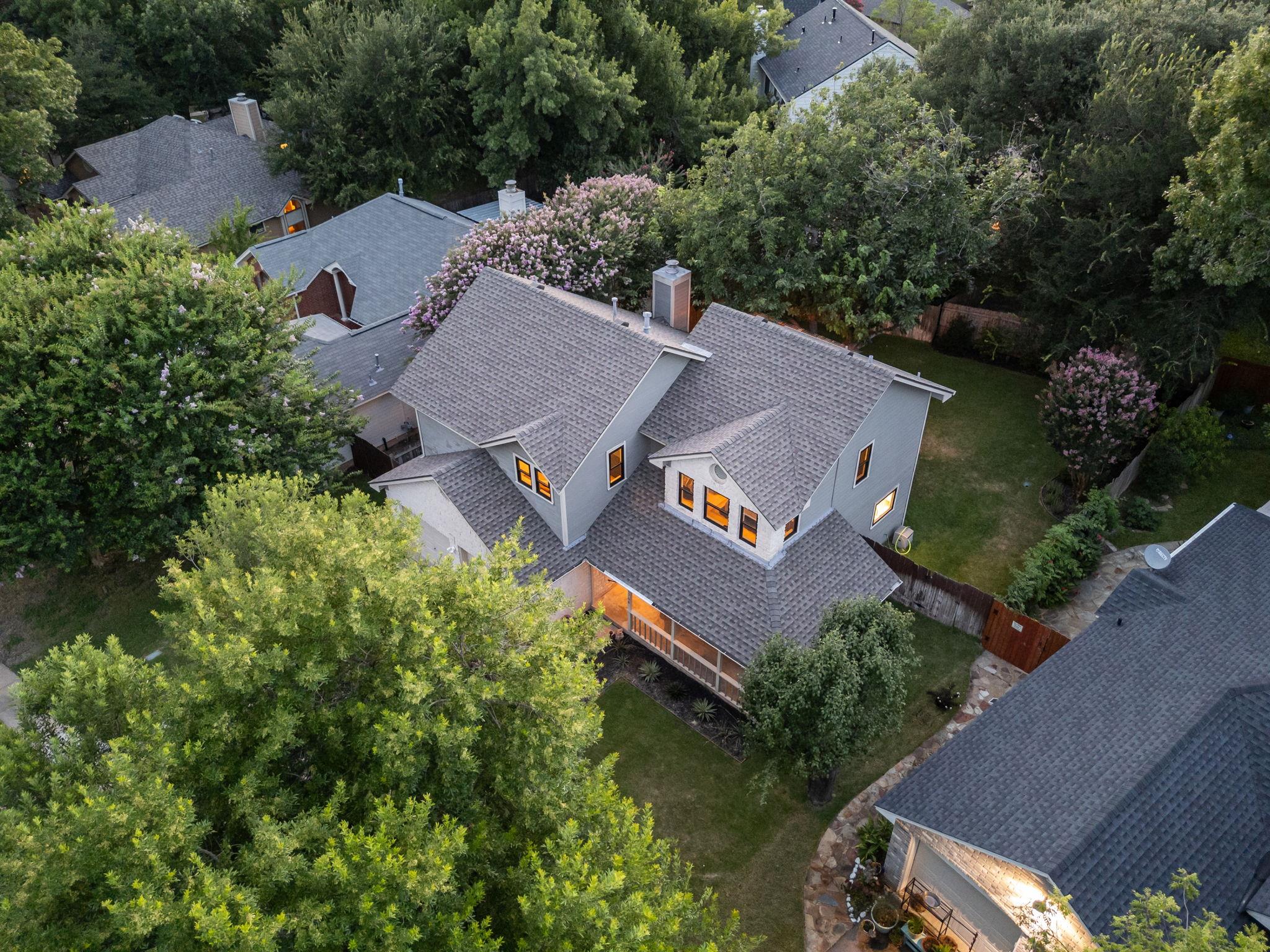 An aerial perspective reveals a charming dwelling