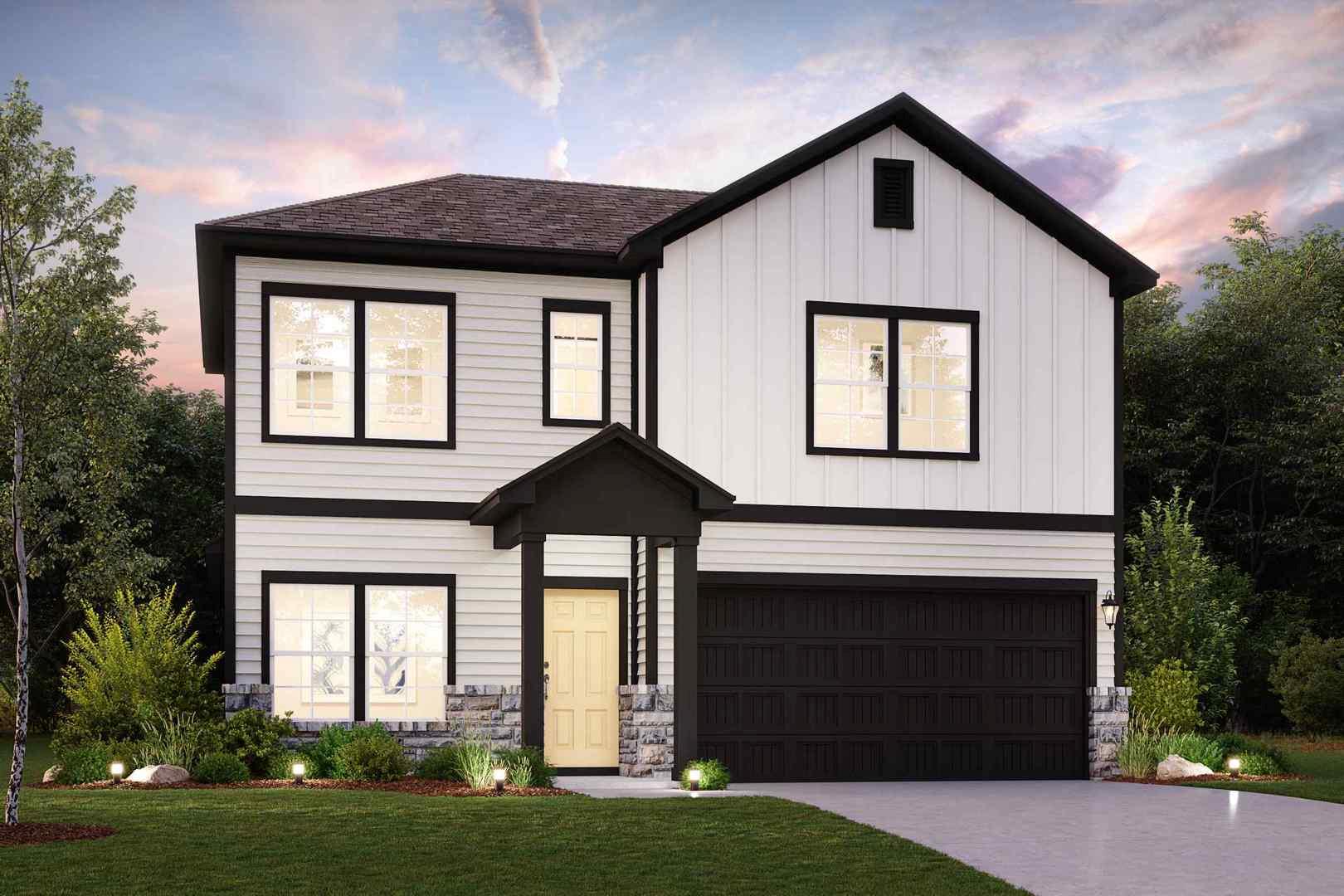 A striking modern farmhouse facade with contrasti