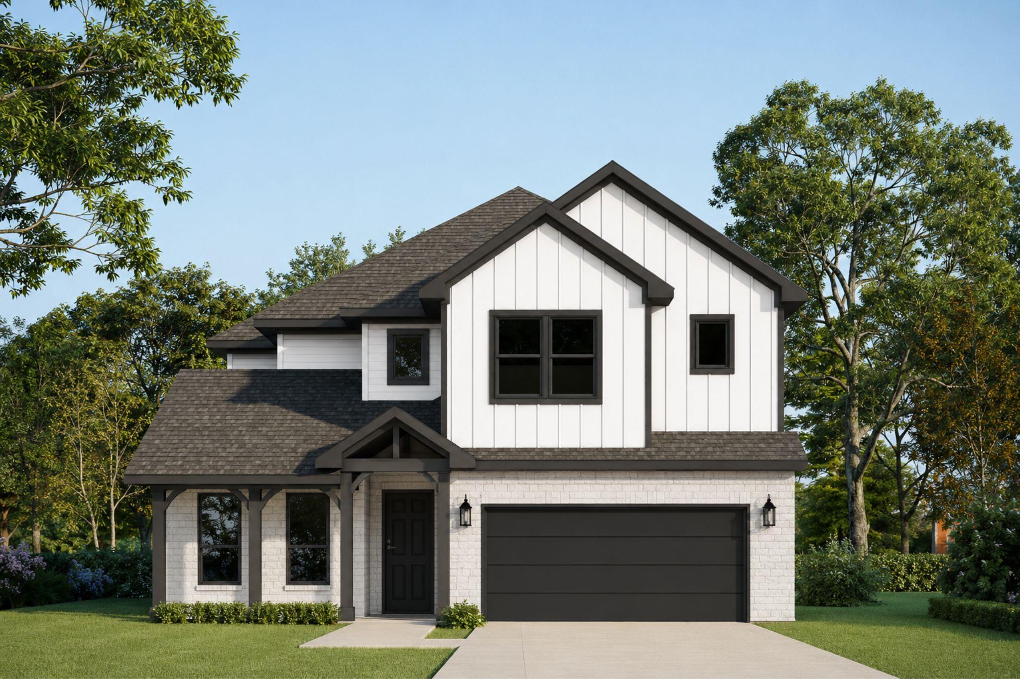 High-contrast trim highlights the modern farmhous