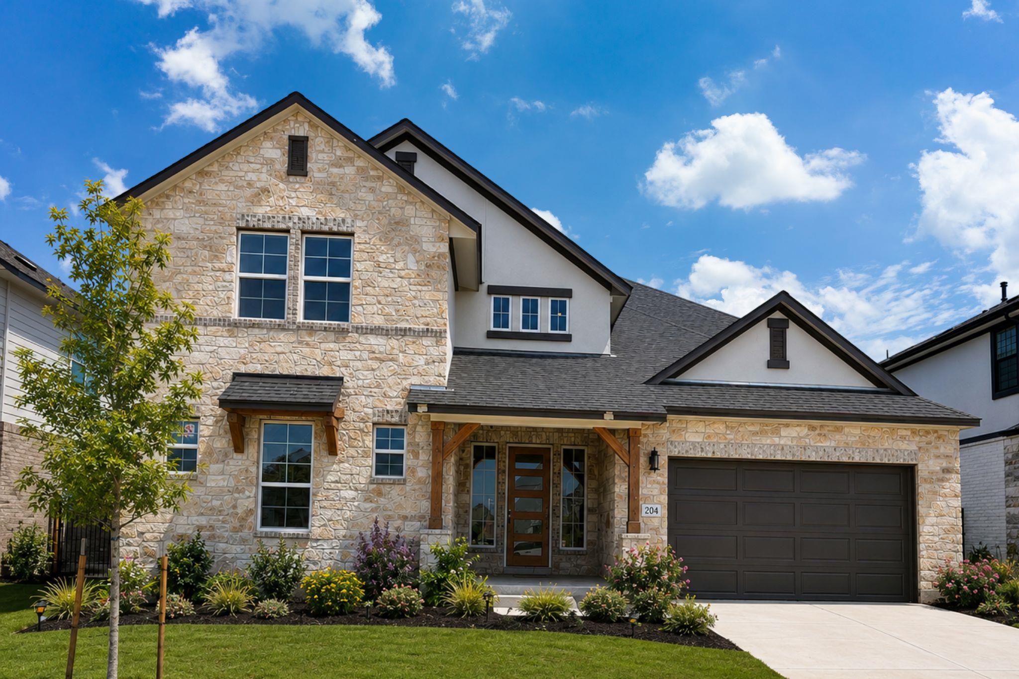A striking stone facade and steep gables create a
