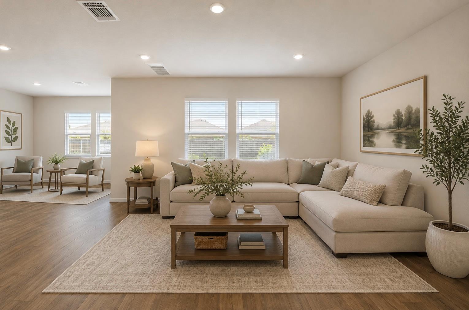 Recessed lighting illuminates this seamless open 