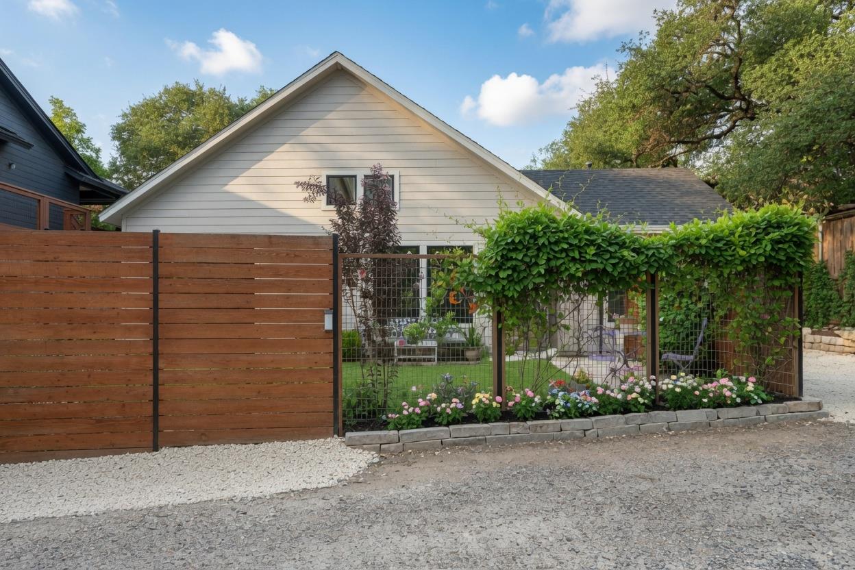 A private entry fence provides charming curb appe