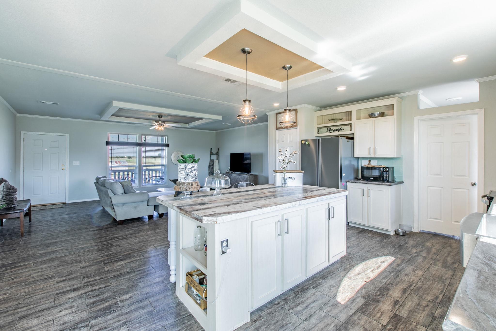 An open-concept living space integrates a functio