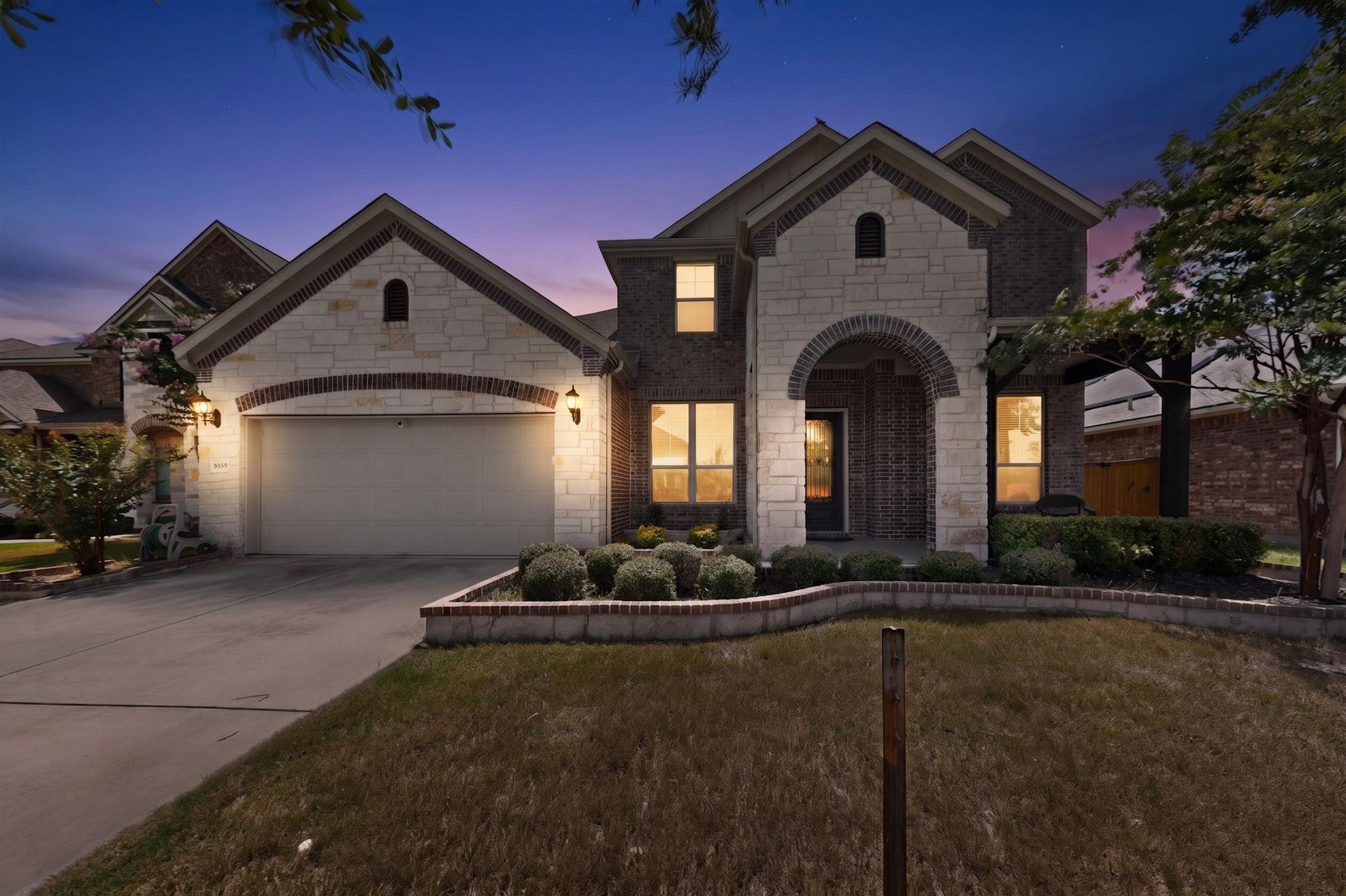 A striking facade with brick and stone accents, c