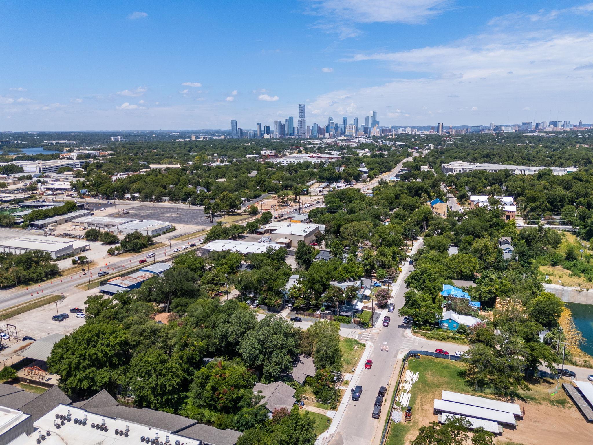 A dynamic aerial perspective showcases a bustling