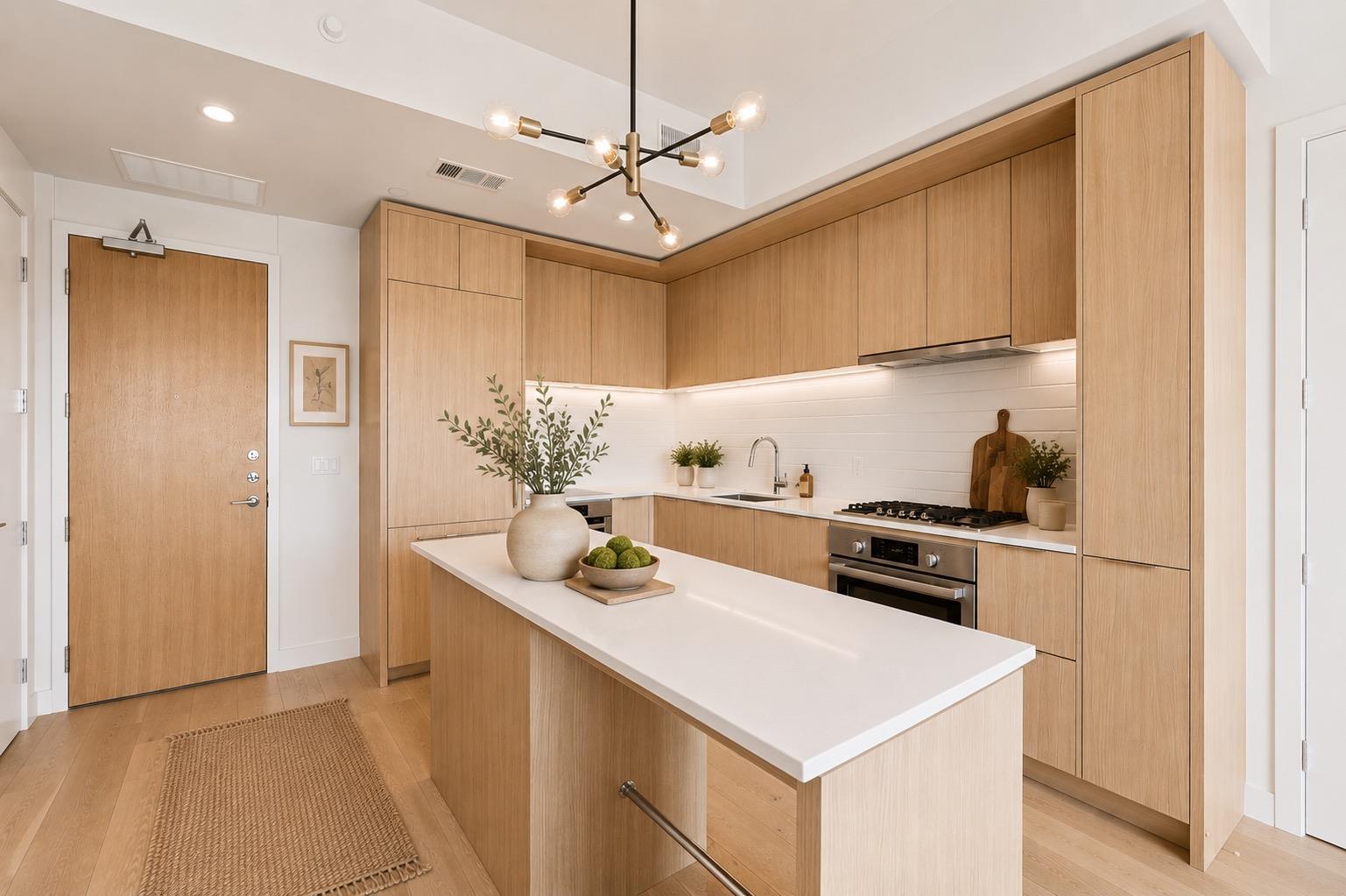 A well-lit culinary space showcases a sleek kitch
