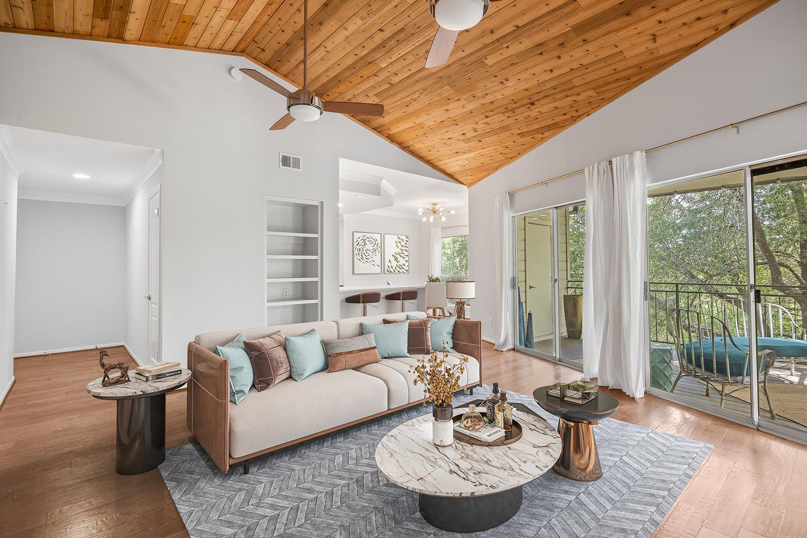 A spacious living area features a unique wooden v
