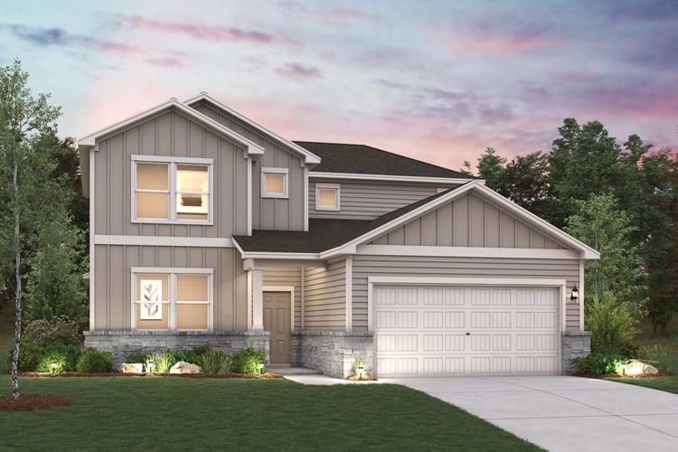 A striking facade with varied siding and stone ac